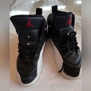 Jordan 12 Retro Kids Black and White Sneakers with Red Accent